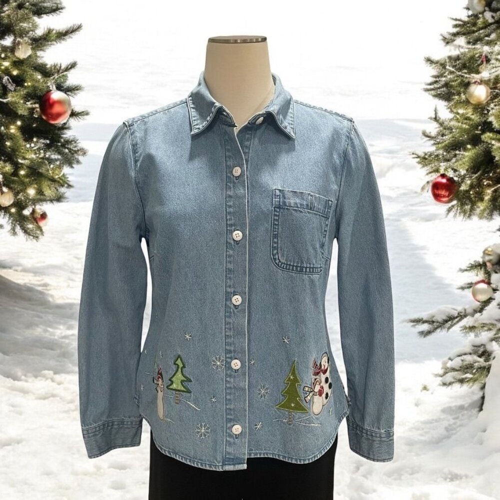 Christopher‎ & Banks PM Denim Snowman & Tree Embroidered Holiday Shirt Festive